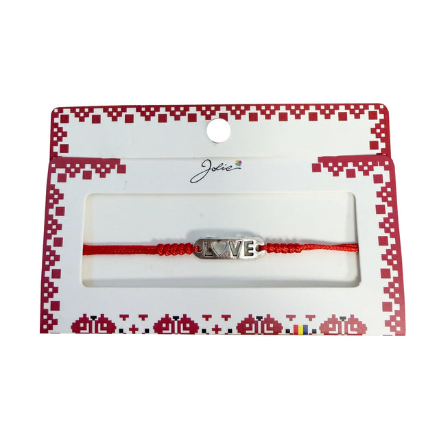 Martisor tip Bratara cu Pandantiv Metalic, Jolie, cu Snur Textil Rosu Impletit, Model Love, Dimensiune Reglabila, Ambalata Individual - vivimall.ro