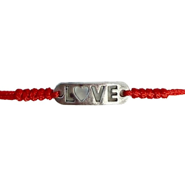 Martisor tip Bratara cu Pandantiv Metalic, Jolie, cu Snur Textil Rosu Impletit, Model Love, Dimensiune Reglabila, Ambalata Individual - vivimall.ro