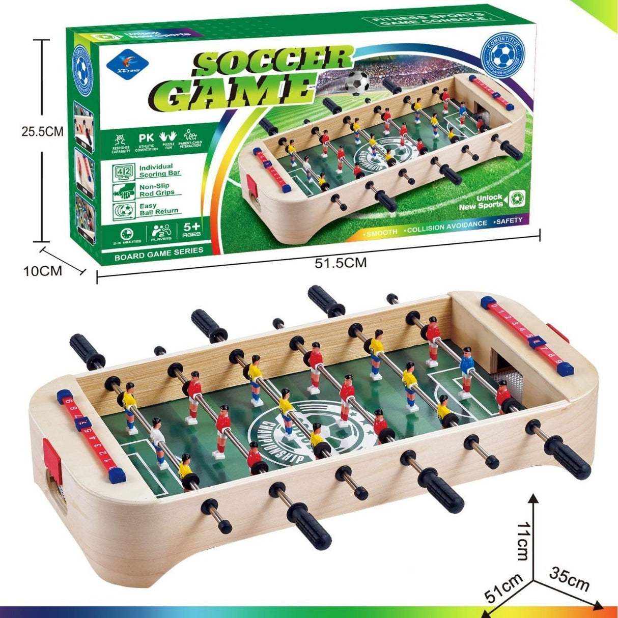 Masa de Fotbal cu Teren, Vivimall, fara Picioare, 6 Manere, Tablou de Scor, 51.5 x 10 x 25.5 cm, din Lemn/Otel, Crem/Verde - vivimall.ro