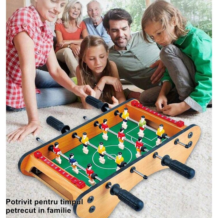 Masa de fotbal cu teren si 12 jucatori Vivimall, 4 manere, cu Tablou pentru Scor, din Metal, Lemn si ABS, 37.5 x 21 x 9.5 cm, Margini Rotunjite, pentru copii/adulti - vivimall.ro