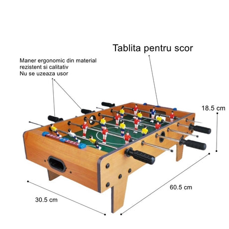 Masa de Fotbal cu Teren si 18 Jucatori Vivimall, 6 Manere, cu Tablou pentru Scor, din Metal, Lemn si ABS, 60.5 x 30.5 x 18.5 cm, cu Picioare, pentru copii/adulti - vivimall.ro