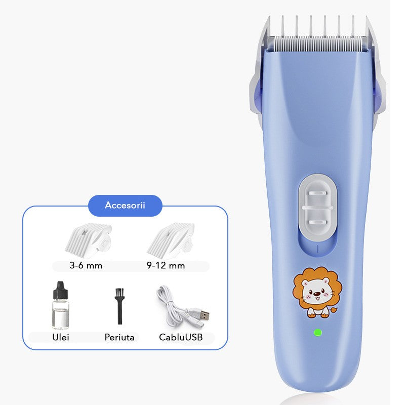 Masina De Tuns Bebelusi si Copii, Vivimall, Lame Cermice si Inox, Fara Fir, Functie Anti Taiere, Silentios, 50 W, Rezistent la Apa, 2 Accesorii, Incarcator USB, Model Leu, Albastru - vivimall.ro