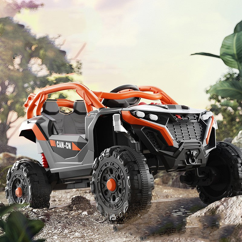 Masina Electrica pentru Copii, Vivimall, Tip Buggy/UTV Off-Road Dual Drive, Conectare Bluetooth, Telecomanda, Lumina Intermitenta si Muzica, Baterie 380*2, 6V 7Ah, 97 x 62 x 58 cm, Portocaliu Negru - vivimall.ro