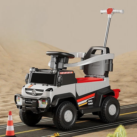 Masinuta Electrica, Vivimall, pe 4 Roti, cu Telecomanda si Maner Detasabil, Cos de Depozitare, Lumini Led si Muzica, +1 an, Greutate Portanta 40 kg, Gri - vivimall.ro