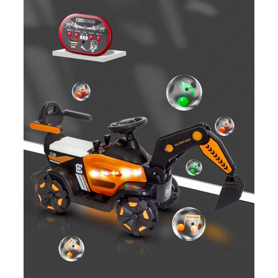 Masinuta Electrica Vivimall, Tip Excavator, Brat Electric cu Maneta de Control, Spatar si Bare Laterale, Sistem Muzica si Lumini, 1-8 Ani, 72 x 36 x 50 cm, Portocaliu - vivimall.ro