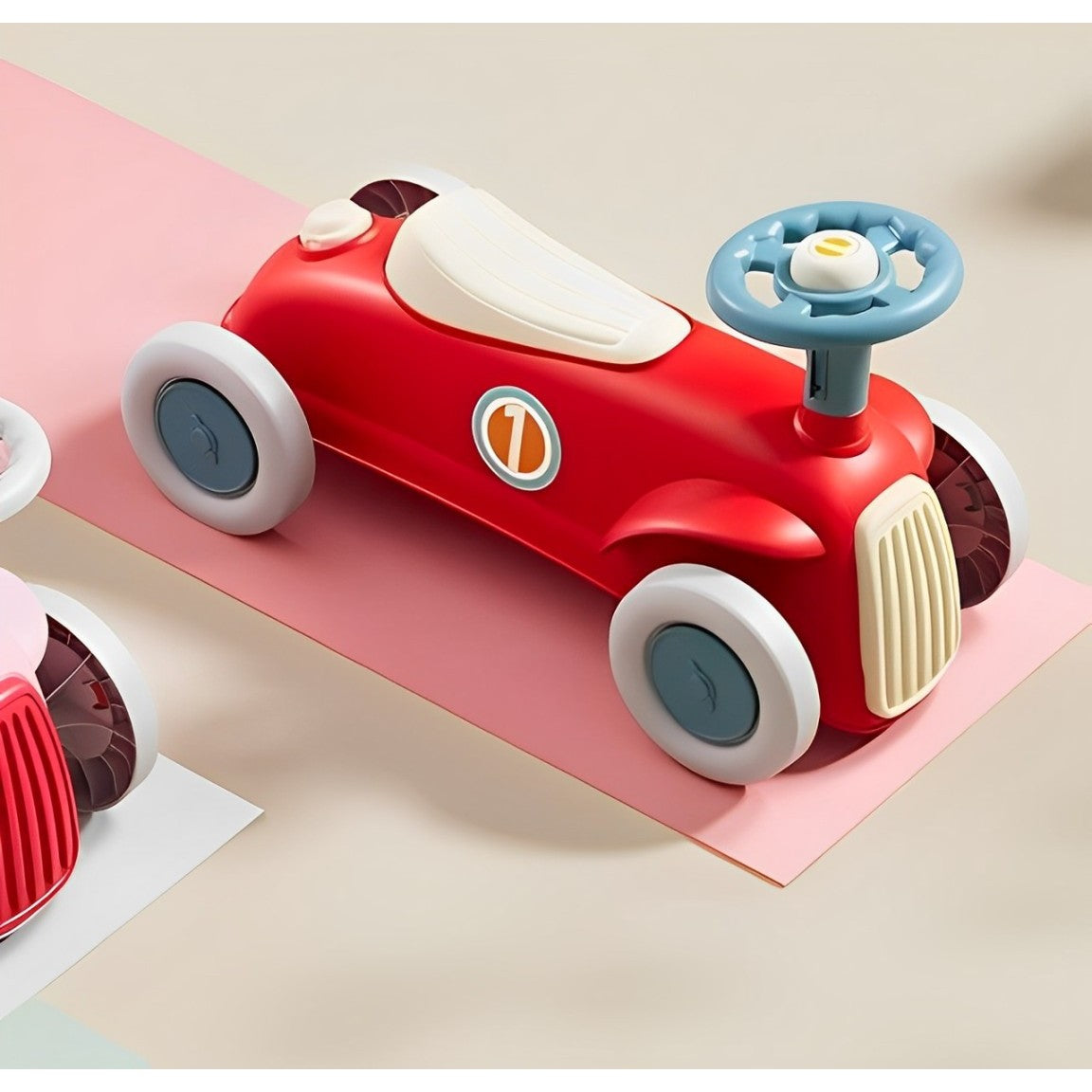 Masinuta Ride-On Vivimall, cu Sistem Anti-Rasturnare, Claxon pe Volan, 1-6 Ani, 60 x 28 x 34 cm, Rosu-Crem - vivimall.ro