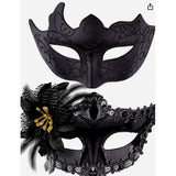 Set 2 Masti de Cuplu, Vivimall, pentru Carnaval, Bal Mascat, Marime Universala, Model Floare Laterala si Margele, Model Clasic, Negru texturat - vivimall.ro