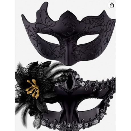 Set 2 Masti de Cuplu, Vivimall, pentru Carnaval, Bal Mascat, Marime Universala, Model Floare Laterala si Margele, Model Clasic, Negru texturat - vivimall.ro