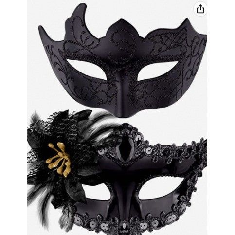 Set 2 Masti de Cuplu, Vivimall, pentru Carnaval, Bal Mascat, Marime Universala, Model Floare Laterala si Margele, Model Clasic, Negru texturat - vivimall.ro