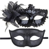 Set 2 Masti de Cuplu, Vivimall, pentru Carnaval, Bal Mascat, Marime Universala, Model Floare Laterala si Margele, Model Clasic, Negru Gri - vivimall.ro