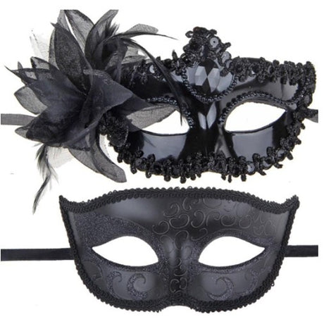 Set 2 Masti de Cuplu, Vivimall, pentru Carnaval, Bal Mascat, Marime Universala, Model Floare Laterala si Margele, Model Clasic, Negru Gri - vivimall.ro