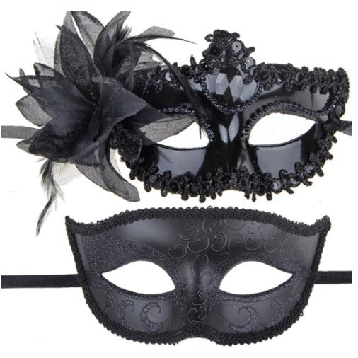 Set 2 Masti de Cuplu, Vivimall, pentru Carnaval, Bal Mascat, Marime Universala, Model Floare Laterala si Margele, Model Clasic, Negru Gri - vivimall.ro