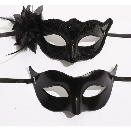 Set 2 Masti de Cuplu, Vivimall, pentru Carnaval, Bal Mascat, Marime Universala, Model Floare Laterala si Margele, Model Clasic Fluture, Negru - vivimall.ro