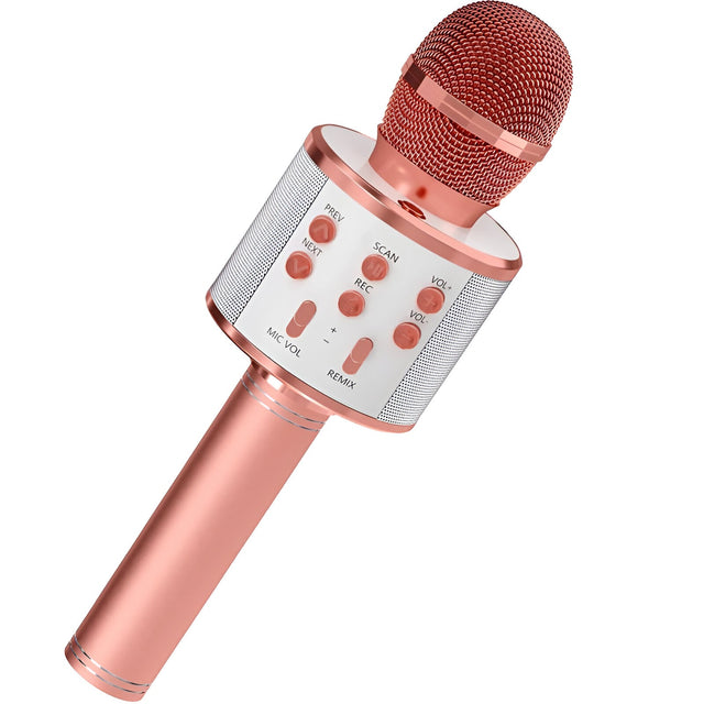 Microfon Karaoke, Vivimall, pentru Copii, Bluetooth, Boxa Incorporata, Compatibil cu Orice Smartphone, Acumulator Integrat, Multifunctional, Rose Gold - vivimall.ro