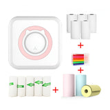 Mini Imprimanta Foto Portabila, Vivimall, 5 Role de Hartie Termica, 5 Role Autocolante, 3 Role Colorate, Pixuri, Incarcare USB, Model Pisica, Alb Roz - vivimall.ro