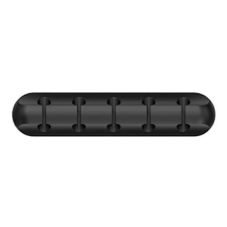 Organizator de cabluri autoadeziv din silicon negru, 5 suporturi, vedere frontală, dimensiuni 9.6x2.2cm