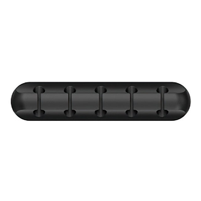 Organizator de cabluri autoadeziv din silicon negru, 5 suporturi, vedere frontală, dimensiuni 9.6x2.2cm