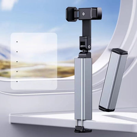 Suport telefon mobil pliabil rotativ telescopic negru gri, vedere frontală cu telefonul montat