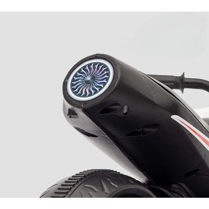 Motocicleta Electrica cu 2 Roti Mari si 2 Roti Ajutatoare, Vivimall, Acumulator Incarcare, Anti-Rasturnare, Lumini, Muzica, Motor:380, Baterie 6V4.5, 41.5x70x34 cm, 4.5 Kg, 3 Ani+, Alb Negru - vivimall.ro