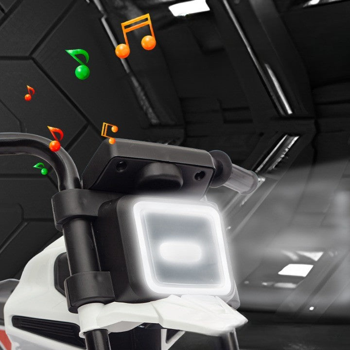 Motocicleta Electrica cu 2 Roti Mari si 2 Roti Ajutatoare, Vivimall, Acumulator Incarcare, Anti-Rasturnare, Lumini, Muzica, Motor:380, Baterie 6V4.5, 41.5x70x34 cm, 4.5 Kg, 3 Ani+, Alb Negru - vivimall.ro