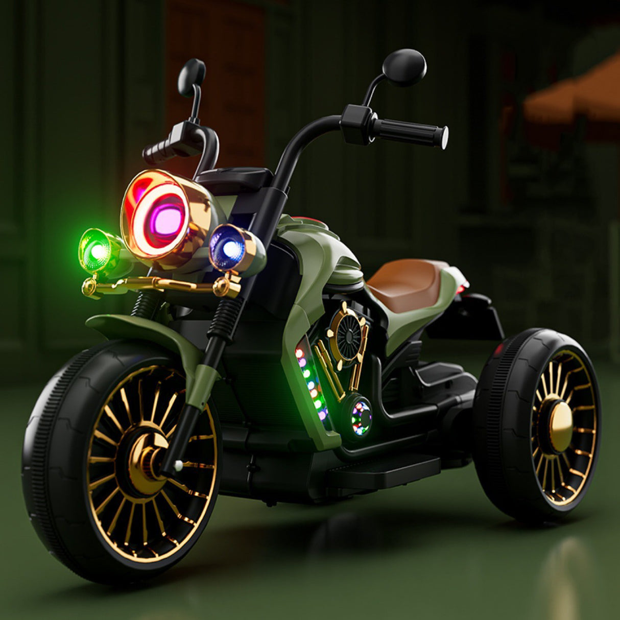 Tricicleta Electrica pentru Copii, Vivimall, cu 2 Acumulatoare 380*2, 6V 4.5, Bluetooth, Sistem Anti-Rasturnare, Sistem de Lumini si Sunet, 6-8 Ani, 93 x 48 x 63 cm, Verde Negru - vivimall.ro