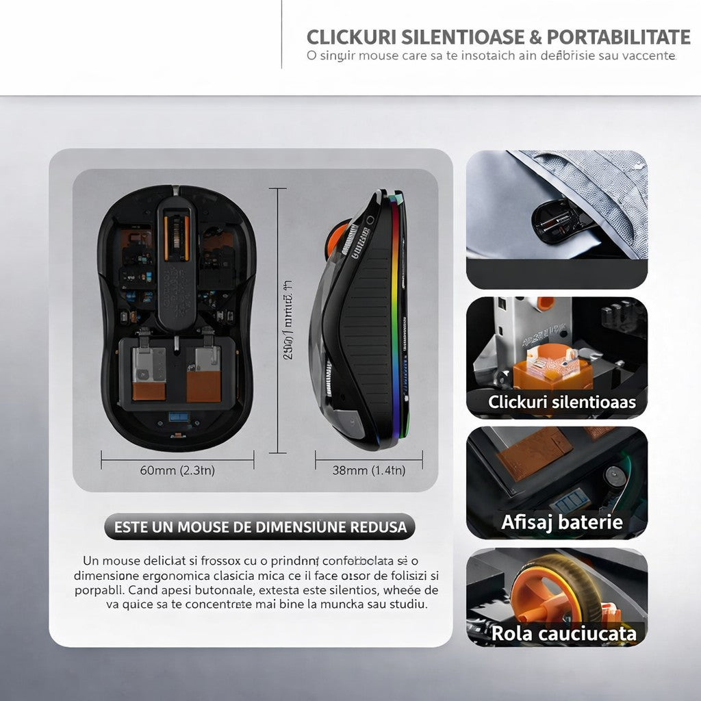 Mouse Wireless, Flippy, Dual Bluetooth, 2.4 GHz, Multi Device, USB-C, 4 Niveluri DPI 800-2400, Reincarcabil, Iluminare LED, Compatibil MacBook/iPad/Laptop, 10 x 6 cm, Negru - vivimall.ro