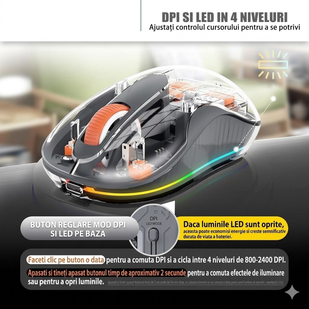 Mouse Wireless, Flippy, Dual Bluetooth, 2.4 GHz, Multi Device, USB-C, 4 Niveluri DPI 800-2400, Reincarcabil, Iluminare LED, Compatibil MacBook/iPad/Laptop, 10 x 6 cm, Gri - vivimall.ro