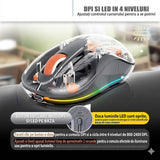 Mouse Wireless, Flippy, Dual Bluetooth, 2.4 GHz, Multi Device, USB-C, 4 Niveluri DPI 800-2400, Reincarcabil, Iluminare LED, Compatibil MacBook/iPad/Laptop, 10 x 6 cm, Gri - vivimall.ro