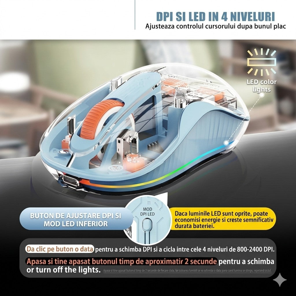 Mouse Wireless, Flippy, Dual Bluetooth, 2.4 GHz, Multi Device, USB-C, 4 Niveluri DPI 800-2400, Reincarcabil, Iluminare LED, Compatibil MacBook/iPad/Laptop, 10 x 6 cm, Albastru - vivimall.ro