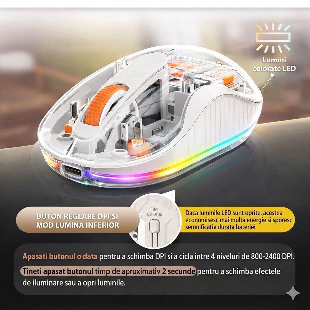 Mouse Wireless, Flippy, Dual Bluetooth, 2.4 GHz, Multi Device, USB-C, 4 Niveluri DPI 800-2400, Reincarcabil, Iluminare LED, Compatibil MacBook/iPad/Laptop 10 x 6 cm, Alb - vivimall.ro