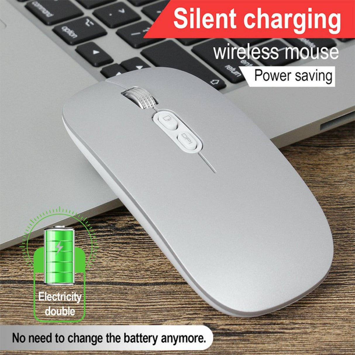 Mouse Wireless Reincarcabil, Flippy, Compatibil Windows/macOS, Bluetooth 5.1 + 2.4GHz, Silentios, DPI 800/1200/1600, Argint - vivimall.ro