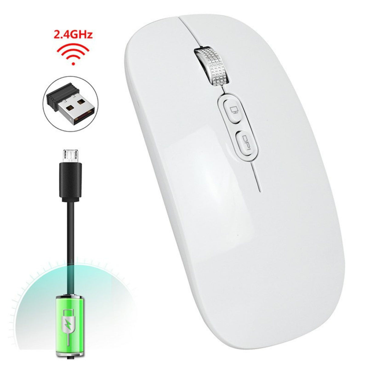Mouse Wireless Reincarcabil, Flippy, Compatibil Windows/macOS, Bluetooth 5.1 + 2.4GHz, Silentios, DPI 800/1200/1600, Alb - vivimall.ro