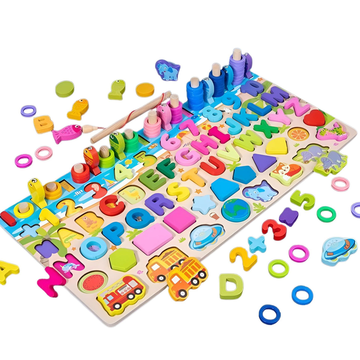 Joc  Educativ Montessori, Flippy, Tabla Logaritmica 6 in 1 din Lemn, Puzzle 3D Litere si Cifre, Vehicule si Forme Geometrice, Stivuire Inele, Dezvoltarea Motricitatii si a Logicii, 45.5 x 22 cm, Multicolor - vivimall.ro