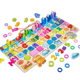 Joc  Educativ Montessori, Flippy, Tabla Logaritmica 6 in 1 din Lemn, Puzzle 3D Litere si Cifre, Vehicule si Forme Geometrice, Stivuire Inele, Dezvoltarea Motricitatii si a Logicii, 45.5 x 22 cm, Multicolor - vivimall.ro