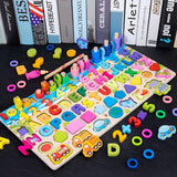Joc  Educativ Montessori, Flippy, Tabla Logaritmica 6 in 1 din Lemn, Puzzle 3D Litere si Cifre, Vehicule si Forme Geometrice, Stivuire Inele, Dezvoltarea Motricitatii si a Logicii, 45.5 x 22 cm, Multicolor - vivimall.ro