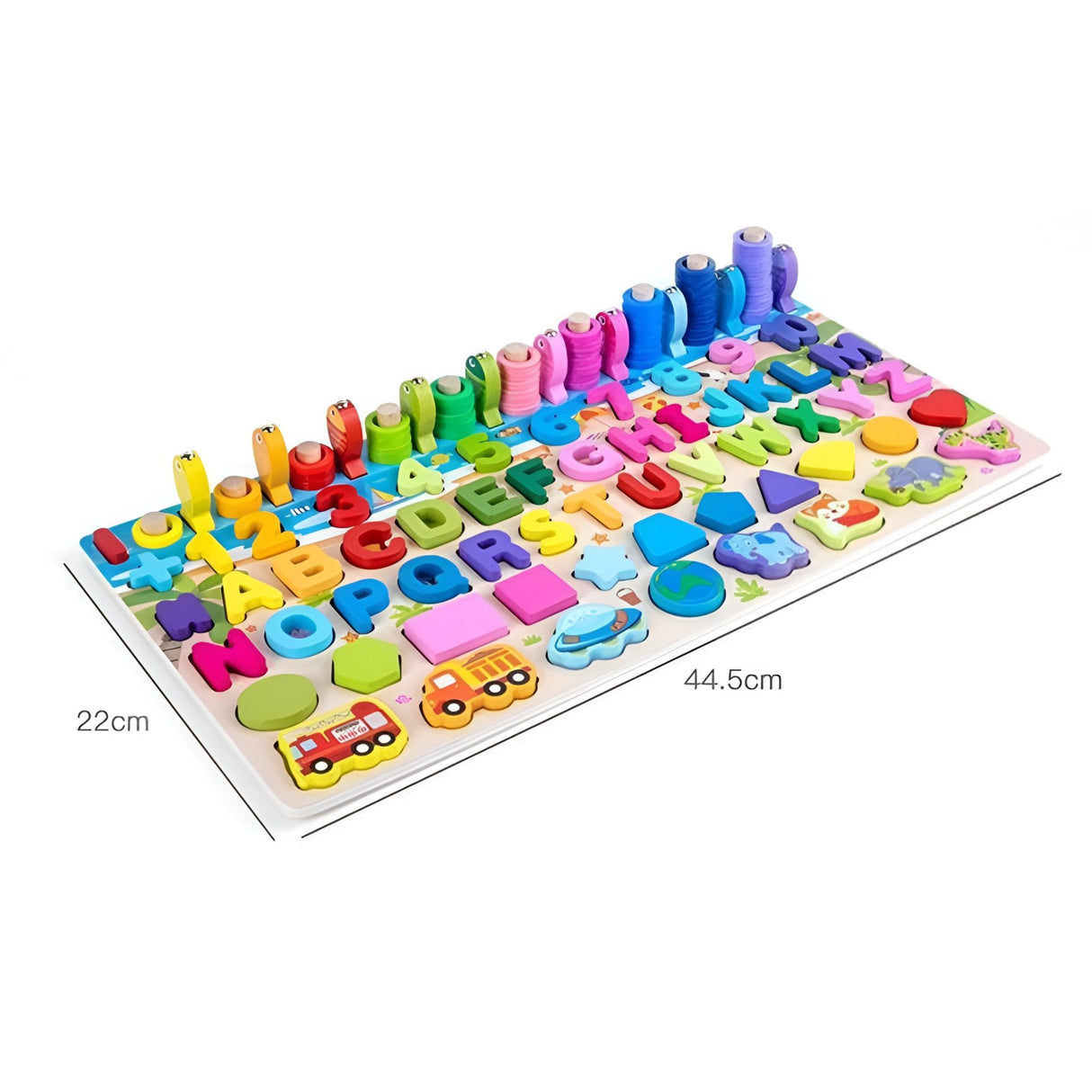 Joc  Educativ Montessori, Flippy, Tabla Logaritmica 6 in 1 din Lemn, Puzzle 3D Litere si Cifre, Vehicule si Forme Geometrice, Stivuire Inele, Dezvoltarea Motricitatii si a Logicii, 45.5 x 22 cm, Multicolor - vivimall.ro