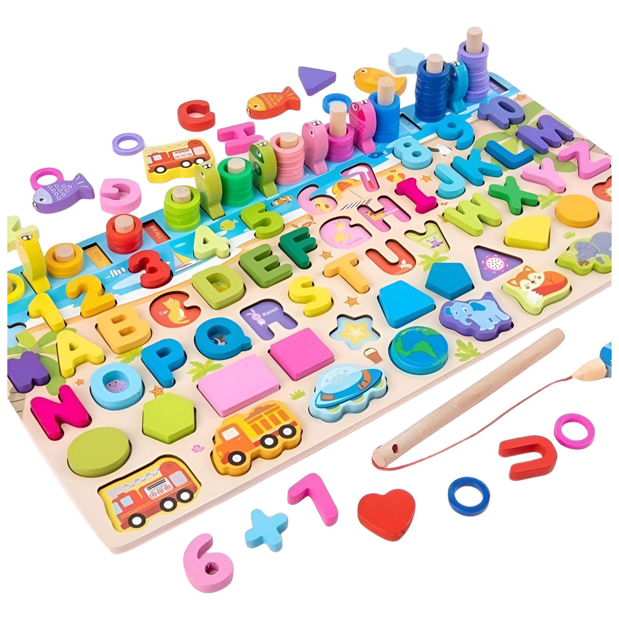 Joc  Educativ Montessori, Flippy, Tabla Logaritmica 6 in 1 din Lemn, Puzzle 3D Litere si Cifre, Vehicule si Forme Geometrice, Stivuire Inele, Dezvoltarea Motricitatii si a Logicii, 45.5 x 22 cm, Multicolor - vivimall.ro