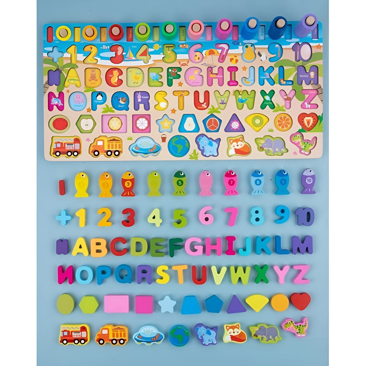 Joc  Educativ Montessori, Flippy, Tabla Logaritmica 6 in 1 din Lemn, Puzzle 3D Litere si Cifre, Vehicule si Forme Geometrice, Stivuire Inele, Dezvoltarea Motricitatii si a Logicii, 45.5 x 22 cm, Multicolor - vivimall.ro
