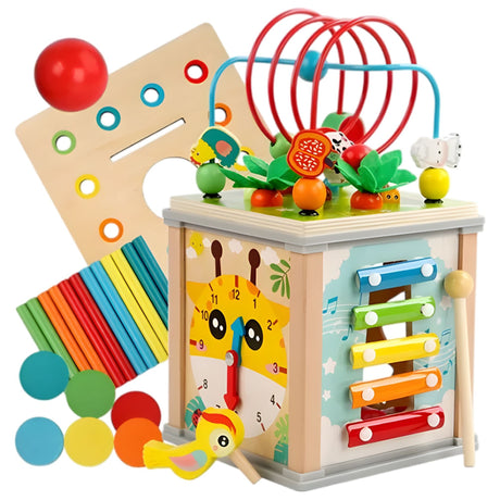 Cub educativ Montessori Flippy din lemn multicolor, vedere frontală cu activitate sortare forme