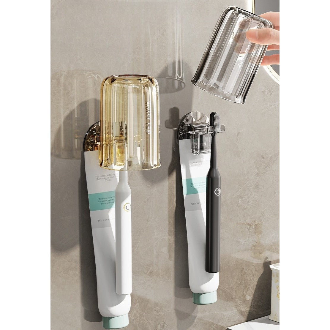 Suport Multifunctional 2 in 1, Pahar si Suport pentru Periuta de Dinti, Vivimall, Plastic, Dimensiune: 10.4 x 7.3 x 7.3 cm, Maro Galbui - vivimall.ro