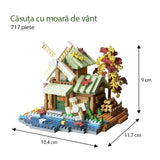 Set constructie, Flippy, Forest Log Cabin, din ABS, Model Casuta cu Moara de Vant, 717 piese, 10.4x11.7x9 cm, Multicolor