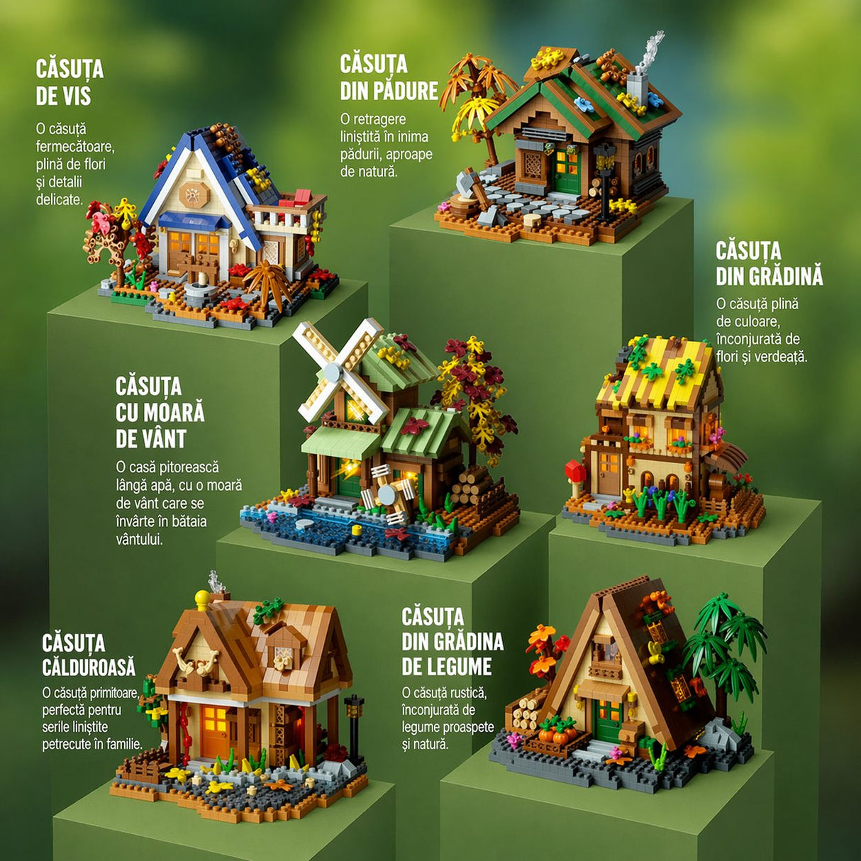 Set constructie, Flippy, Forest Log Cabin, din ABS, Model Casuta cu Moara de Vant, 717 piese, 10.4x11.7x9 cm, Multicolor