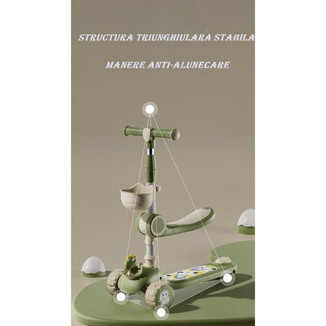 Trotineta Multifunctionala 3 in 1, Vivimall, pentru Copii, 1-7 Ani, cu Lumini si Muzica, Reglabil 360, Pliere Usoara, Reglarea Inaltimii, Model Dinozaur, Bej/Verde - vivimall.ro