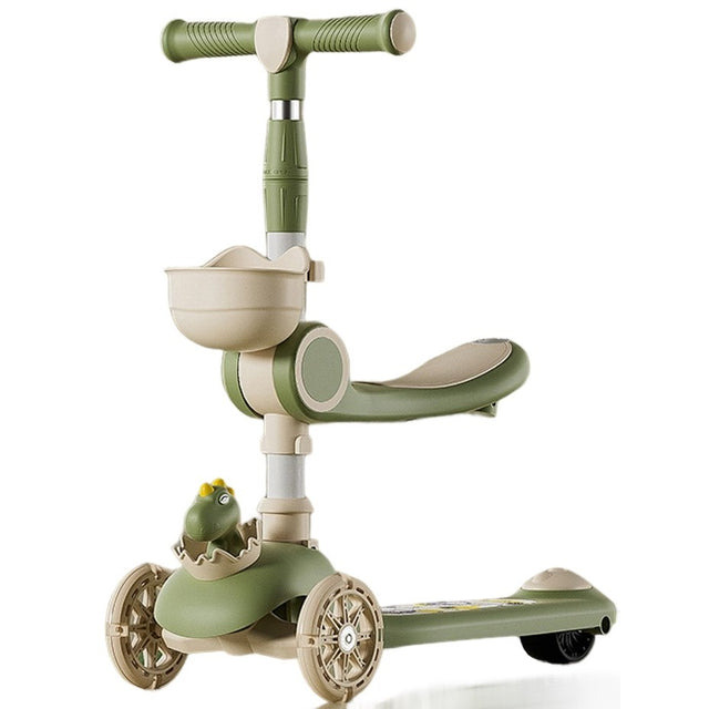 Trotineta Multifunctionala 3 in 1, Vivimall, pentru Copii, 1-7 Ani, cu Lumini si Muzica, Reglabil 360, Pliere Usoara, Reglarea Inaltimii, Model Dinozaur, Bej/Verde - vivimall.ro