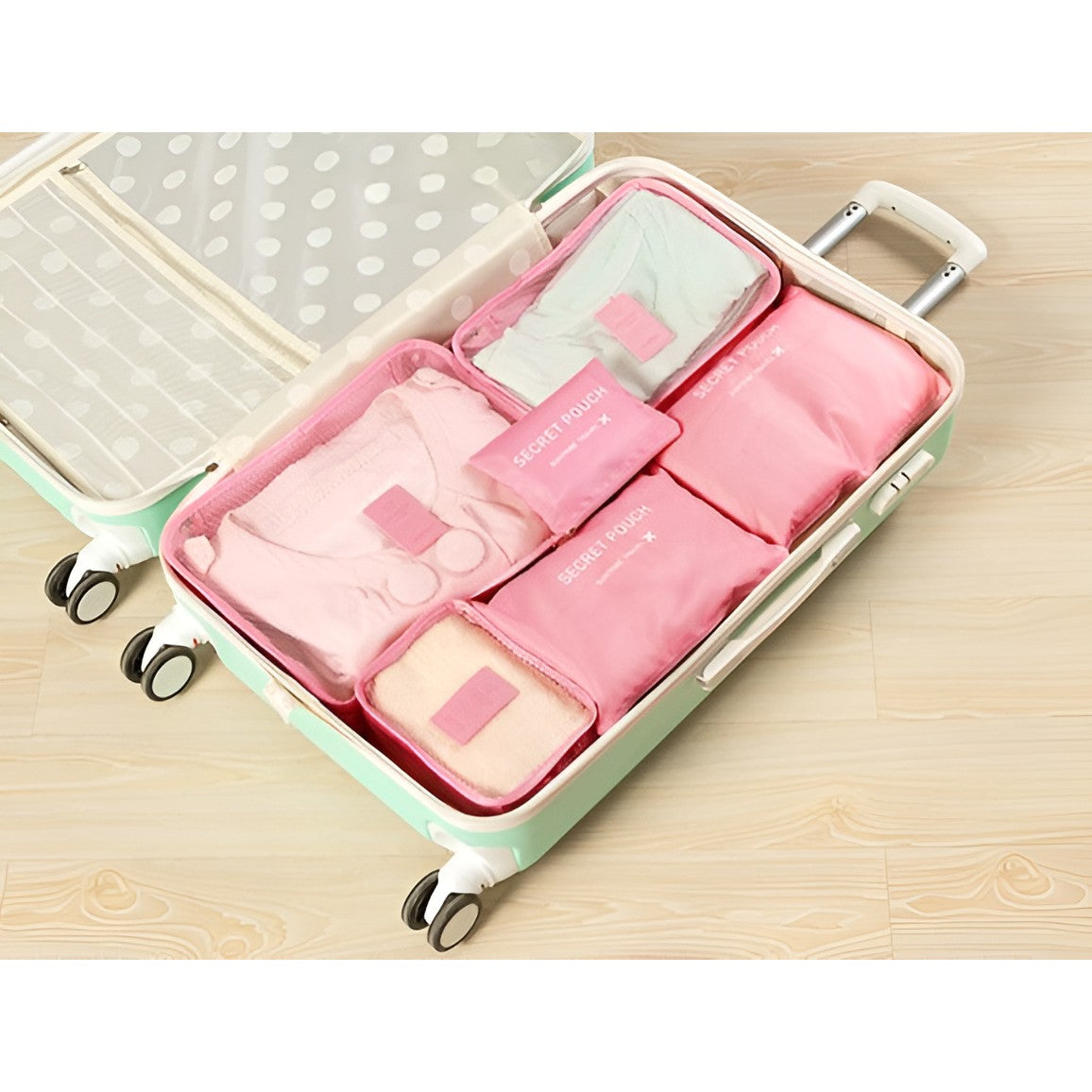 Set 6 Genți de Calatorie, Vivimall, pentru Depozitare, Impermeabile, Organizator, Multifuncționale, Design cu Plasa, Pliabile, Fermoar, Dimensiuni Diferite, Roz - vivimall.ro