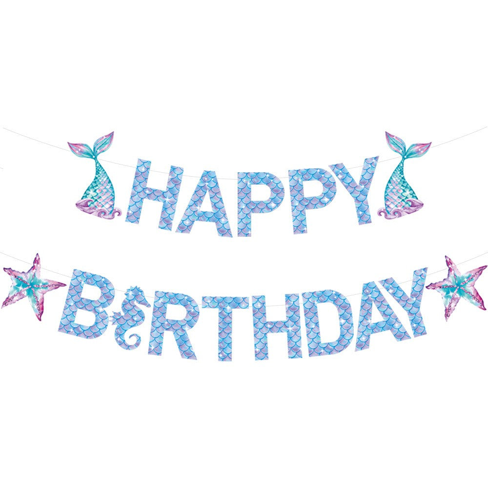 Banner Happy Birthday Sirena, Vivimall, Colectia Mermaid, 17 Piese, Multicolor - vivimall.ro