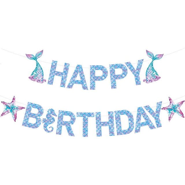 Banner Happy Birthday Sirena, Vivimall, Colectia Mermaid, 17 Piese, Multicolor - vivimall.ro