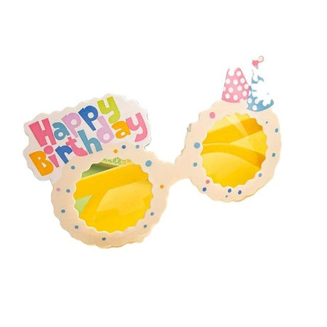Ochelari Decorativi, Vivimall, pentru Petrecere, din ABS, Unisex, Model Happy Birthday, 13.5 x 8.5 cm, Bej cu Lentile Galbene - vivimall.ro