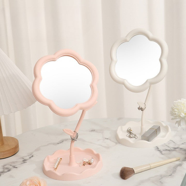 Oglindă de Machiaj pentru Birou, Flippy, Rotativă, Detasabilă, Model de Floarea Soarelui, Suport pentru Inele, cu Depozitare, Alba