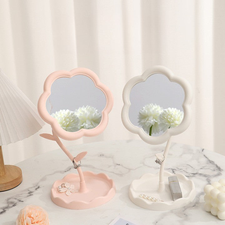 Oglindă de Machiaj pentru Birou, Flippy, Rotativă, Detasabilă, Model de Floarea Soarelui, Suport pentru Inele, cu Depozitare, Alba